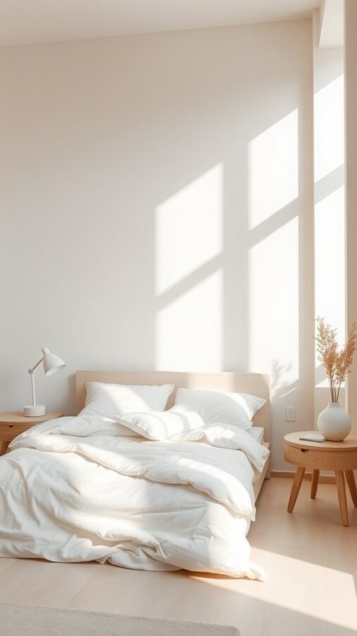 A minimal bedroom with neutral colors, featuring a bed with white bedding, wooden furniture, and soft natural light.