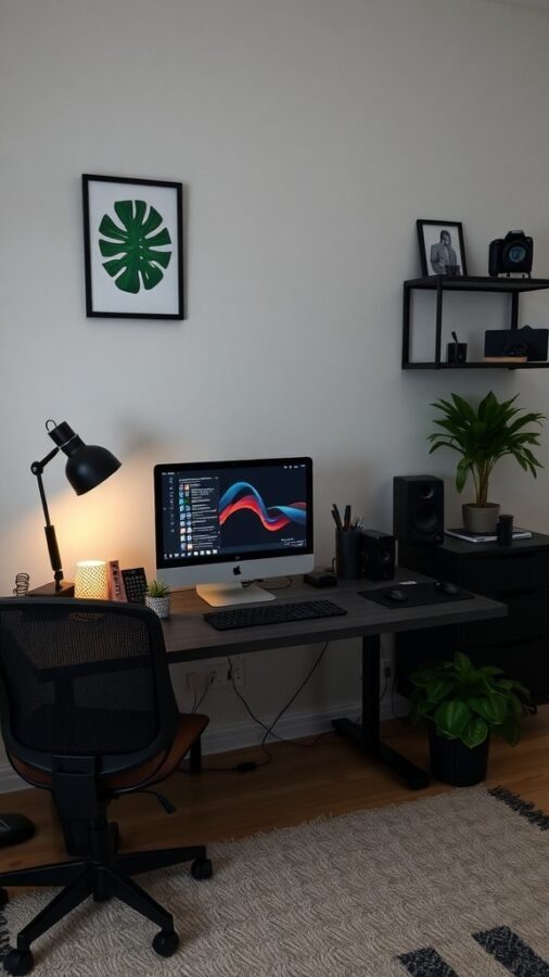 A modern home office setup featuring a computer, desk lamp, and plants.