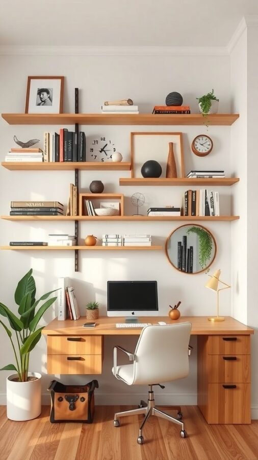 A modern home office with wooden shelves displaying books and decor, a desk with a computer, and a plant.