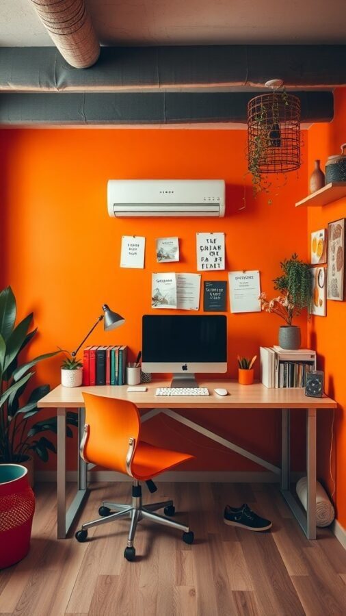 A bright orange home office with a desk, computer, and decorative plants.