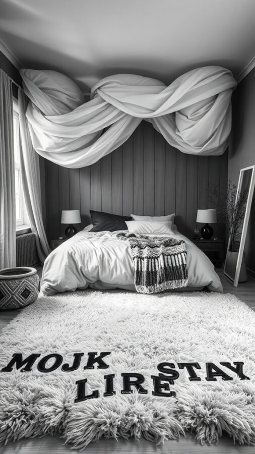 A black and white bedroom featuring a cozy bed, textured bedding, draped fabric above, and a fluffy rug with letters.