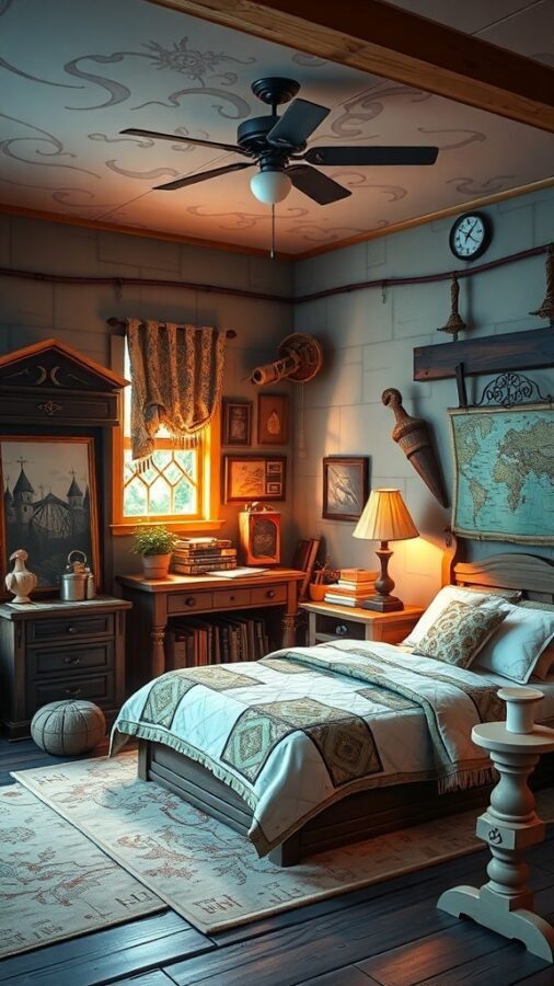 A cozy fantasy adventure bedroom with a quilted bed, wooden furniture, maps on the walls, and warm lighting.