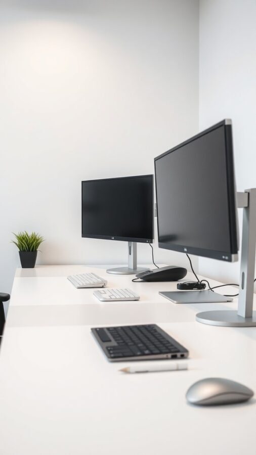 A clean home office setup featuring two monitors, a keyboard, mouse, and a small plant on a desk.