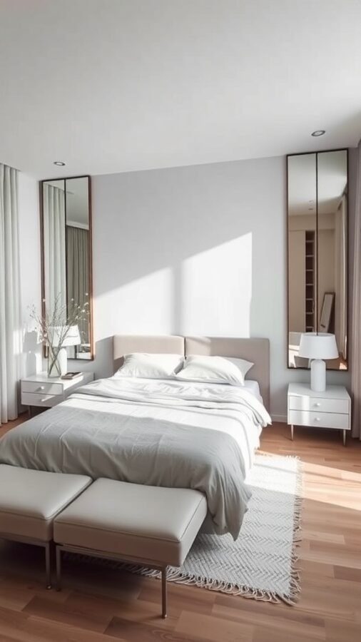 A minimalistic bedroom featuring a bed with soft bedding, sleek nightstands, a bench, and mirrors reflecting light.