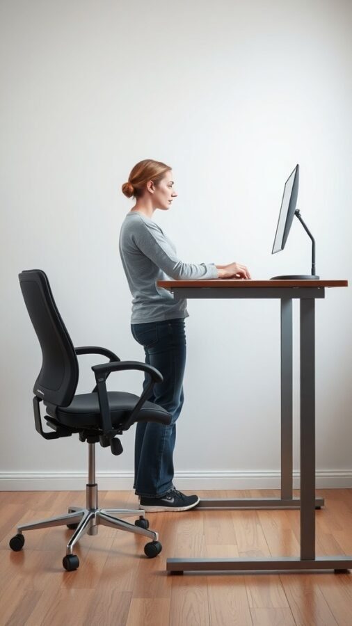 A person using a standing desk in a home office setting, with an empty chair nearby.