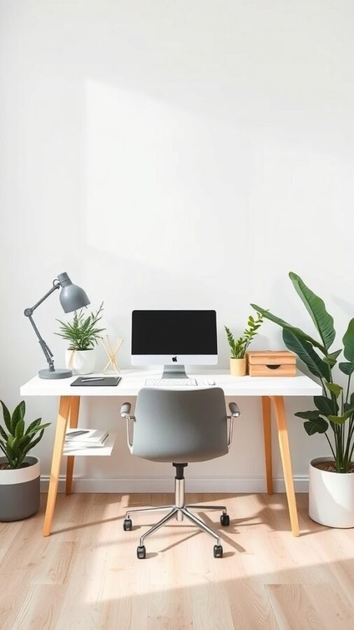 A minimalist home office with a clean desk, comfortable chair, and plants.