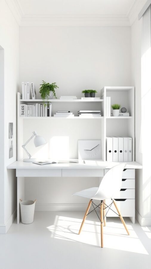 A bright and airy home office with white walls, a white desk, and green plants.
