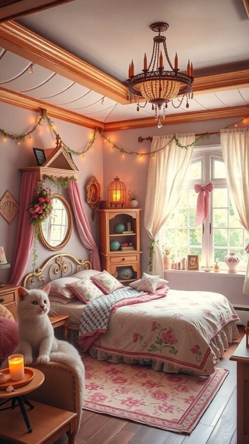 A whimsical fairy tale bedroom featuring soft pink and cream colors, floral patterns, a chandelier, and a cozy cat.