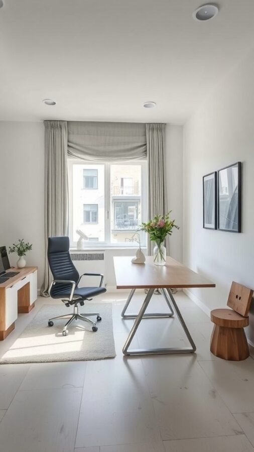 12 Stylish Home Office Ideas for Women 1 A modern home office featuring a large wooden desk, ergonomic chair, and a small wooden stool, with natural light coming through a window.