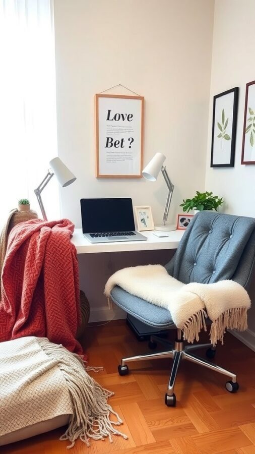 12 Stylish Home Office Ideas for Women 10 A cozy home office setup with a plush chair, desk, laptop, and decorative items including a framed print and plants.