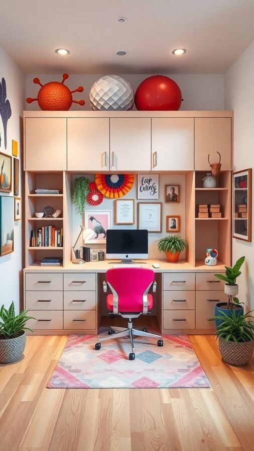 A colorful home office with a pink chair, plants, and vibrant decor.
