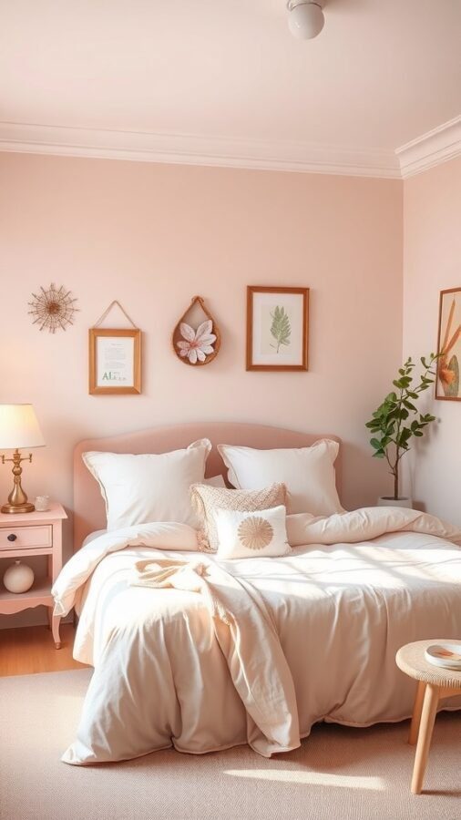 A cozy bedroom with pastel pink walls, a fluffy bed, and natural decor.