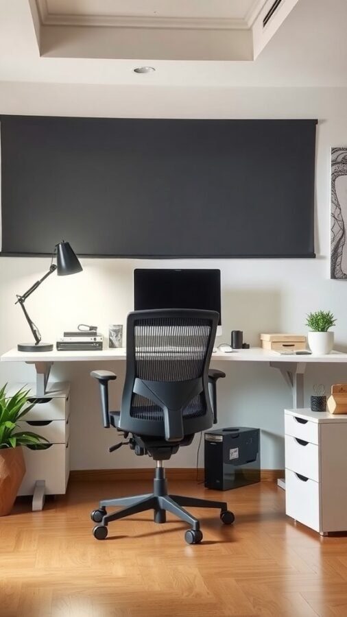 A modern home office setup featuring an ergonomic chair, a spacious desk, and decorative plants.