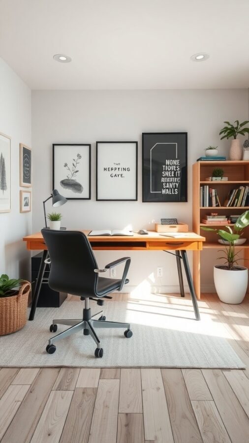 A stylish home office with a wooden desk, black chair, wall art, and a bookshelf.