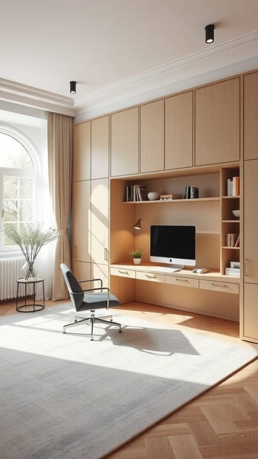 Modern guest room with built-in storage and workspace