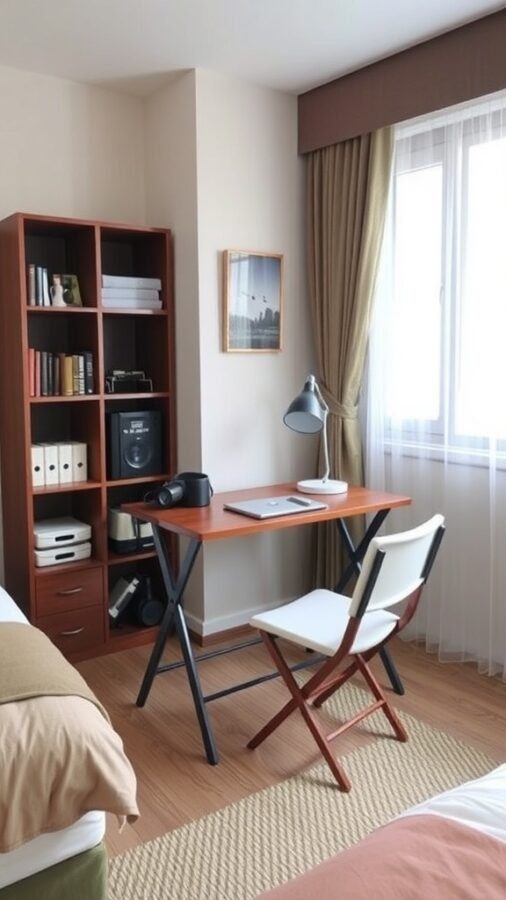 17 Stylish Home Office Guest Room Combos for Ultimate Efficiency 5 A compact folding desk setup in a cozy guest room with a bookshelf and natural light.