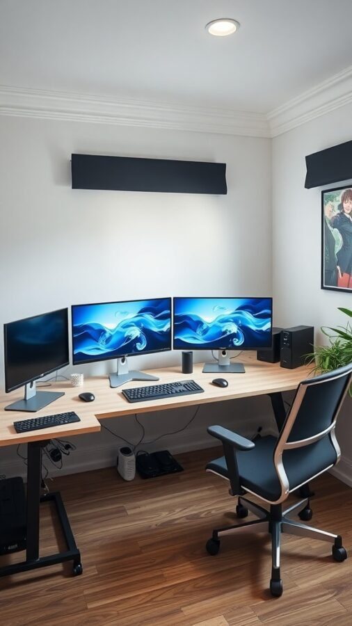 A modern home office with a dual monitor setup, featuring a spacious wooden desk, ergonomic chair, and a small plant.