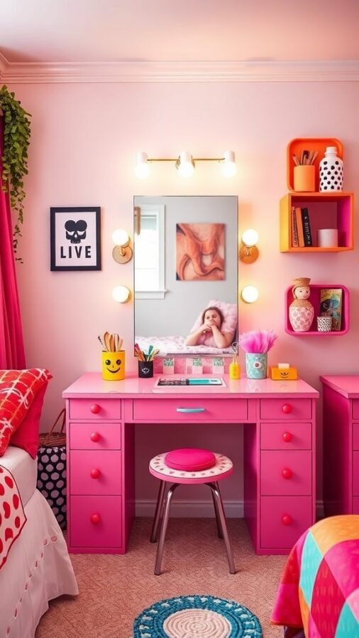 A colorful vanity setup featuring a pink desk, playful accessories, and a well-lit mirror.
