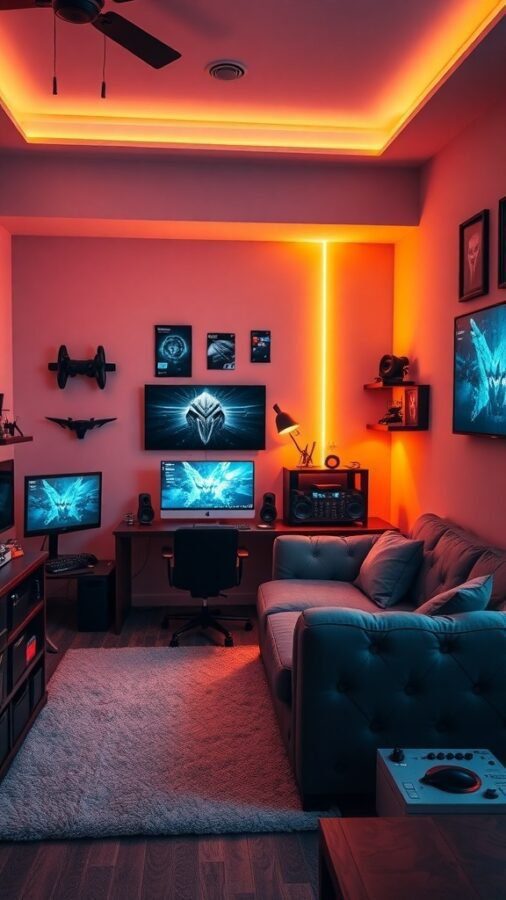 A stylish gaming room with multiple monitors, LED lights, and a cozy couch.