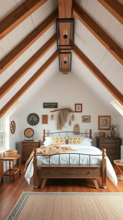 A rustic attic bedroom featuring exposed wooden beams, a cozy bed with decorative pillows, vintage decor, and warm lighting.