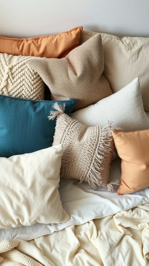A collection of textured throw pillows in various colors and shapes on a bed.