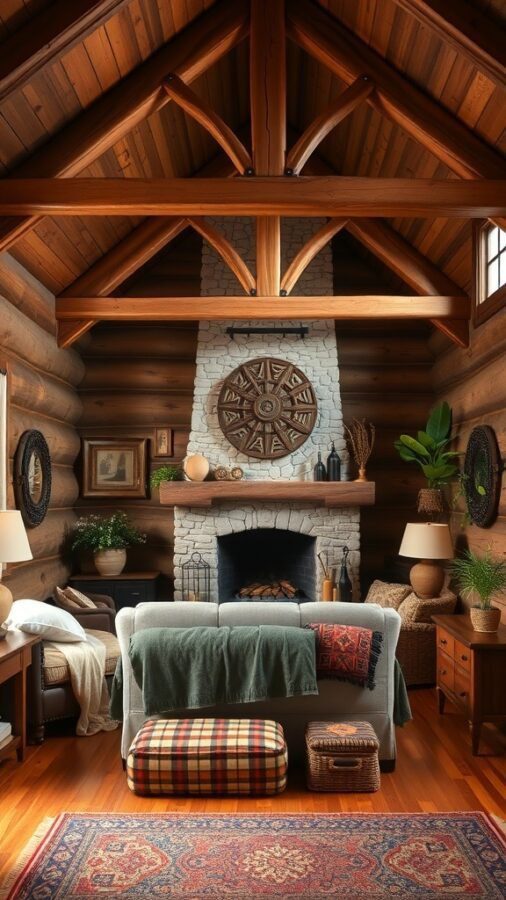 A cozy rustic cabin living room with wooden beams, a stone fireplace, and warm decor.