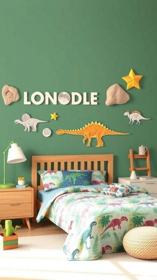 A boy's bedroom featuring dinosaur-themed decor with a green wall and fossil wall art.