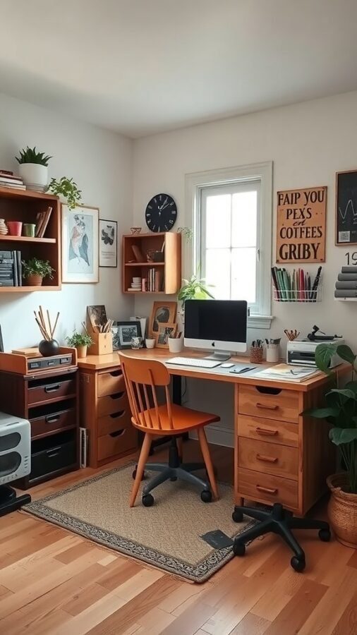 A cozy home office setup featuring wooden furniture, an orange chair, plants, and artwork.