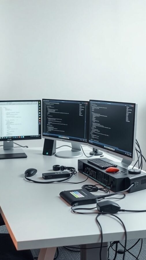 A modern double desk setup with two monitors, a computer, and organized cables.
