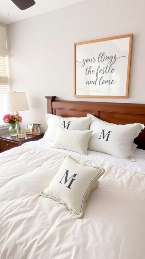 A cozy bedroom featuring personalized decor with monogrammed pillows and a warm wall art message.