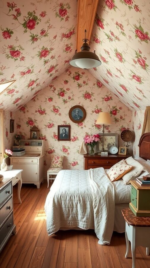 A cozy attic bedroom with floral wallpaper, wooden beams, and vintage furniture.