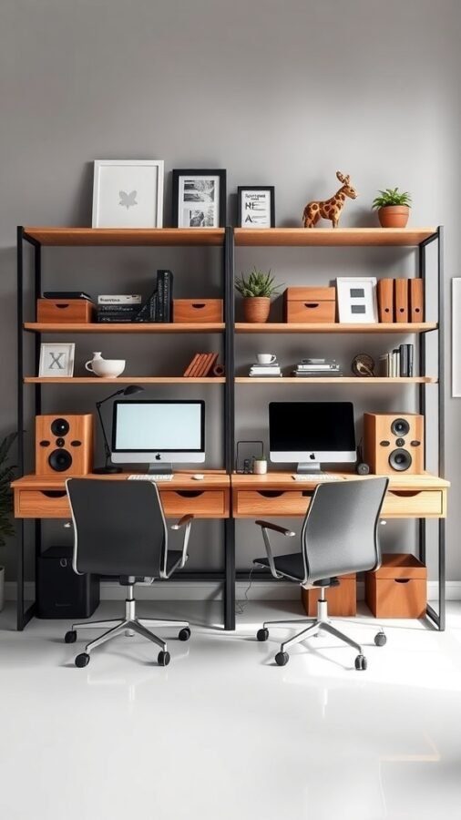 A stylish double desk home office setup featuring a shelving unit with decorative items and plants.