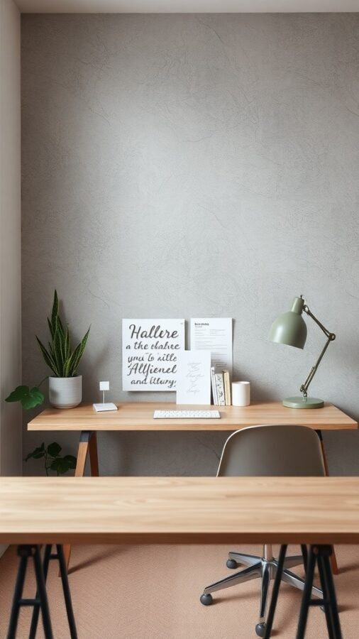 A modern home office featuring a textured gray wall, wooden desk, and minimal decor.