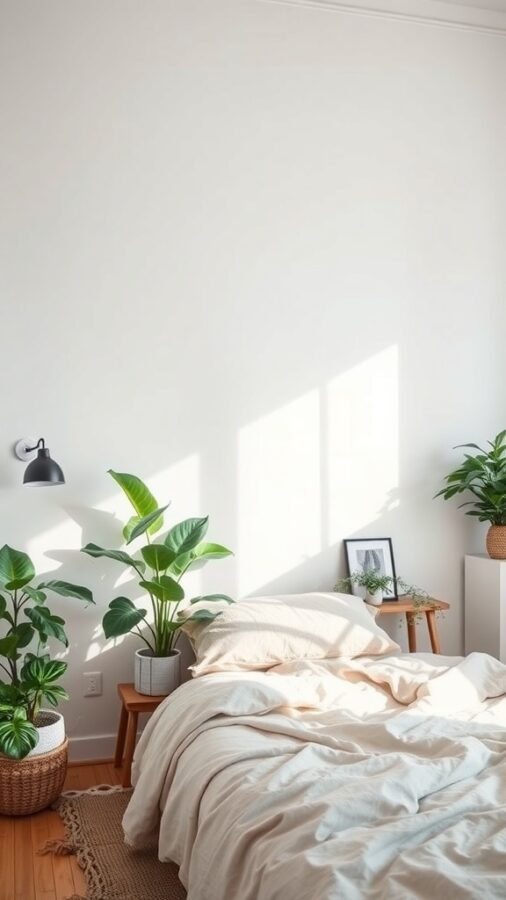 A minimal bedroom with a bed, plants, and natural light.