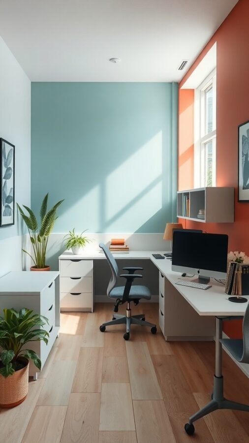 A small home office featuring a blue and coral color scheme with plants and modern furniture.