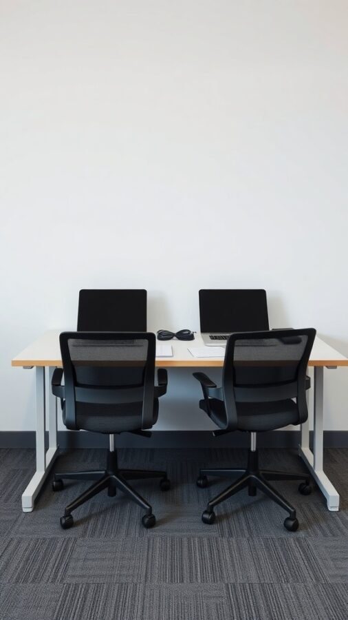 A double desk setup with two black office chairs, designed for collaboration.