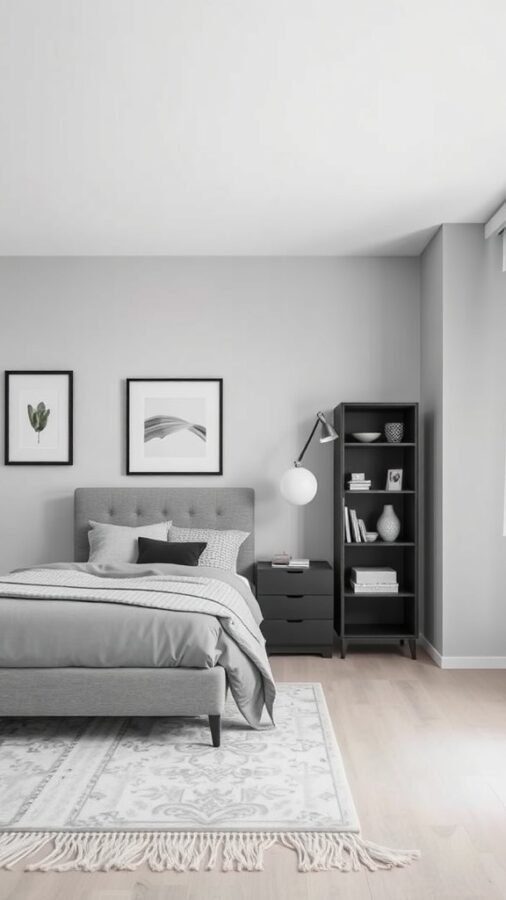 A modern grey bedroom featuring a bed with grey linens, a black bookshelf, and a set of drawers.