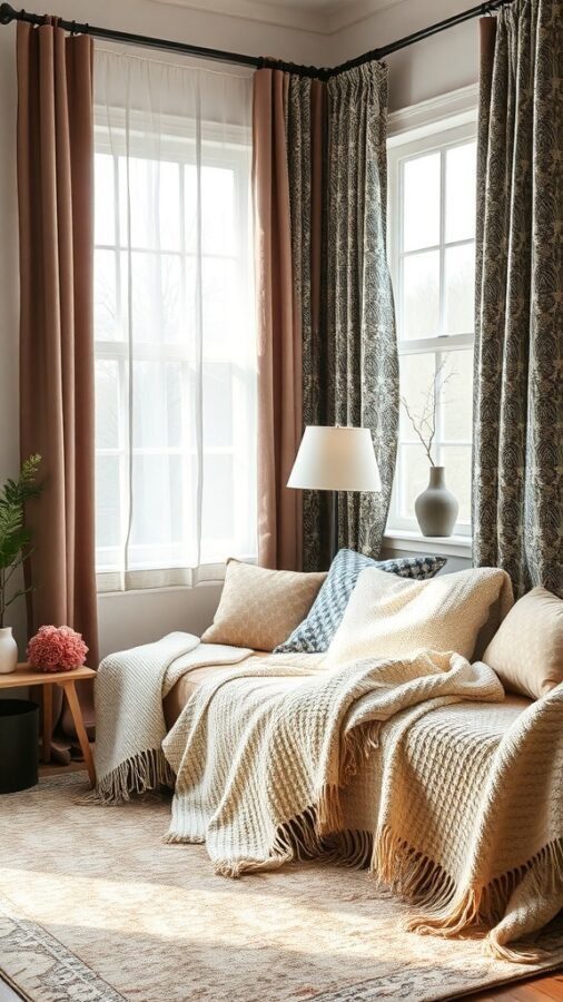 17 Stylish Home Office Guest Room Combos for Ultimate Efficiency 16 Cozy home office guest room with soft textiles, including blankets and pillows, and warm curtains.
