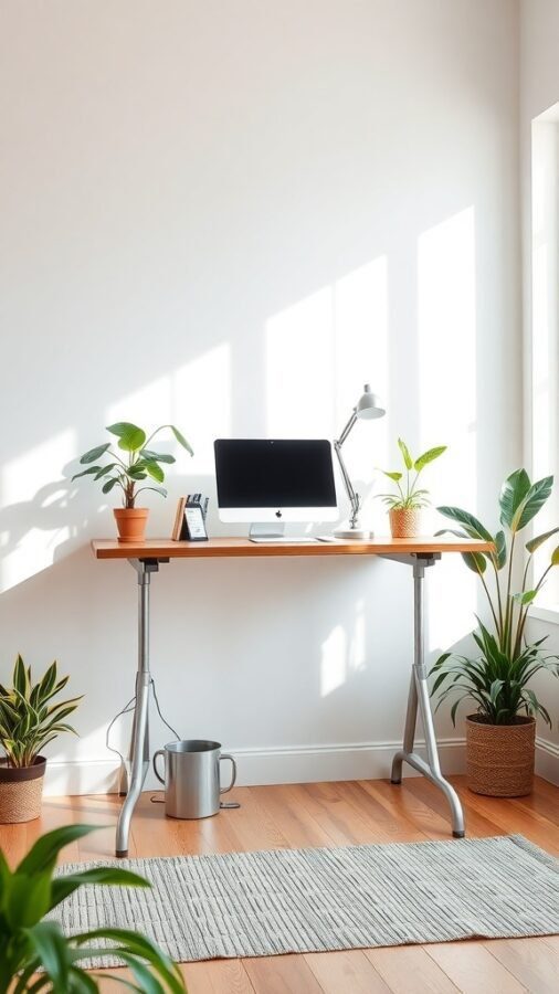 A bright home office featuring a standing desk with a computer, surrounded by potted plants.