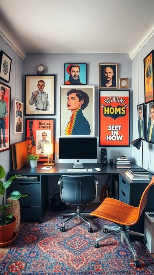 A stylish home office featuring vibrant artwork, a modern desk with a computer, and a cozy chair.