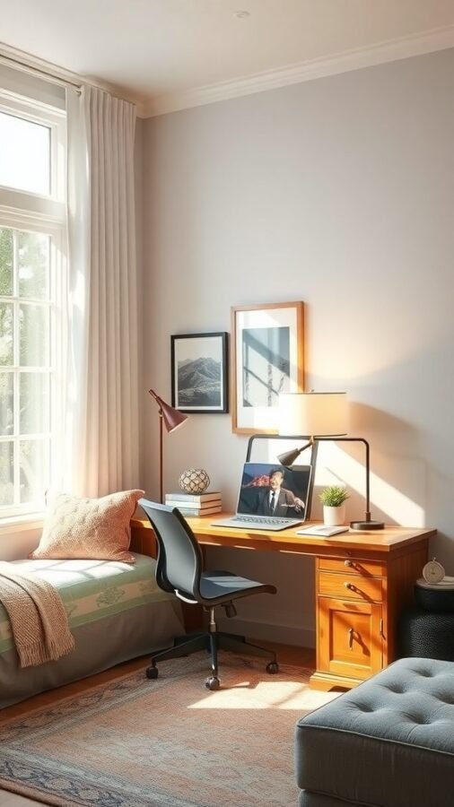 17 Stylish Home Office Guest Room Combos for Ultimate Efficiency 4 A bright home office guest room combo featuring a desk with a computer, a cozy bed, and natural light from large windows.