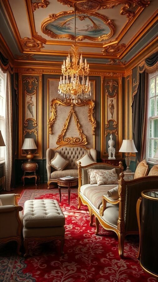 A luxurious bedroom with gold accents, featuring ornate furniture, a chandelier, and a rich red carpet.