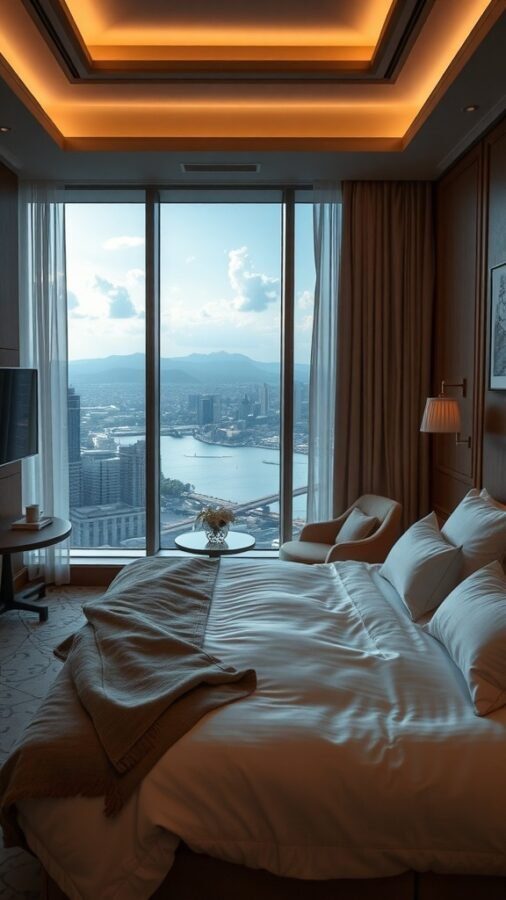 Luxurious hotel suite with a city view, featuring a comfortable bed and stylish decor.