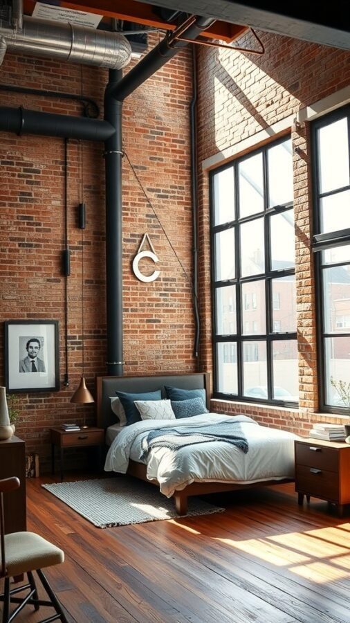 A modern industrial loft bedroom featuring exposed brick walls, large windows, and cozy bedding.