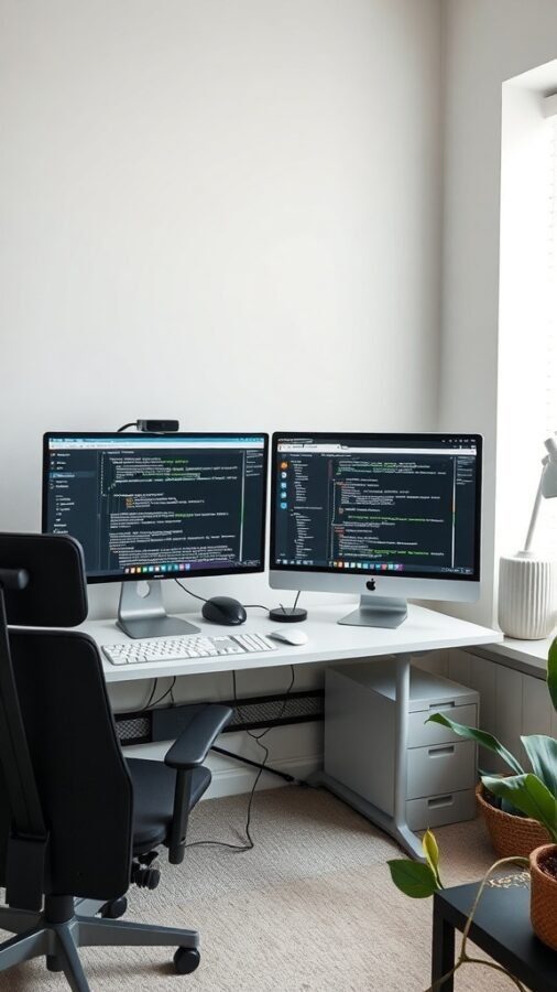 A home office featuring a double monitor setup with a sleek desk and ergonomic chair.
