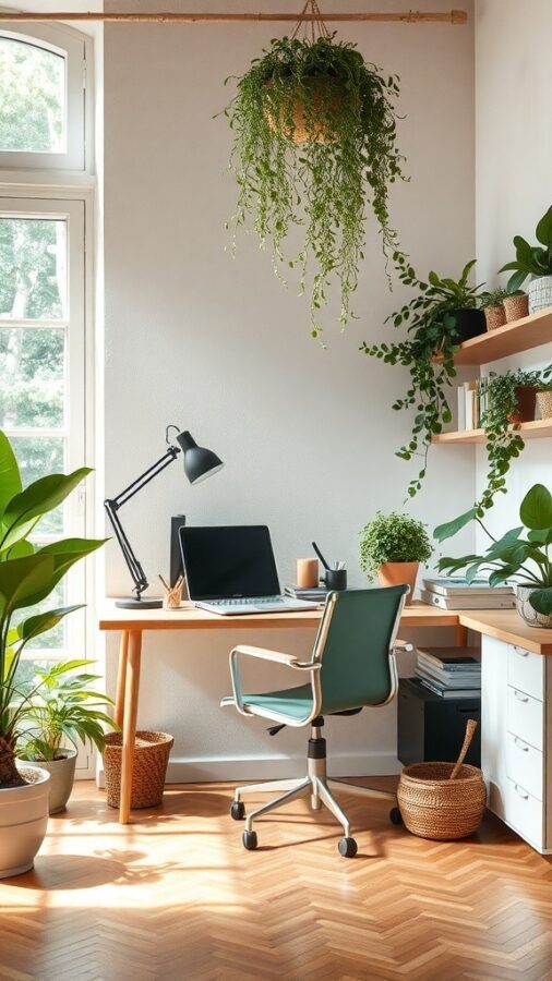 A bright home office with a desk, chair, and various plants, including a hanging plant, creating a biophilic design atmosphere.