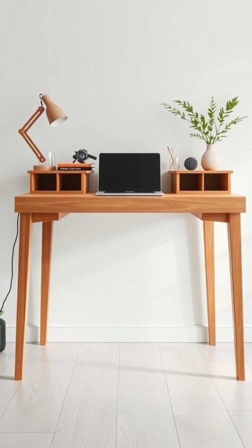 Stylish wooden standing desk with a laptop, lamp, and decorative items