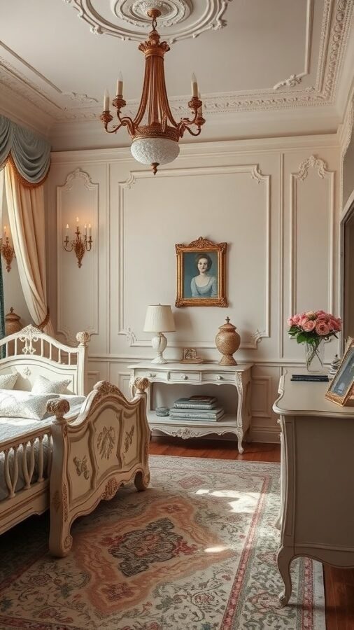 A vintage glamour bedroom featuring ornate decor, a chandelier, and elegant furnishings.