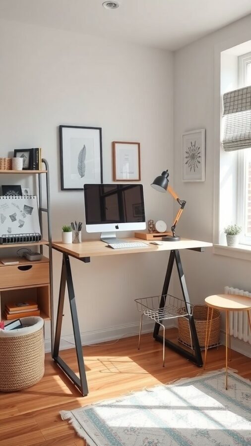 A modern standing desk in a small home office with a computer, lamp, and shelving unit.
