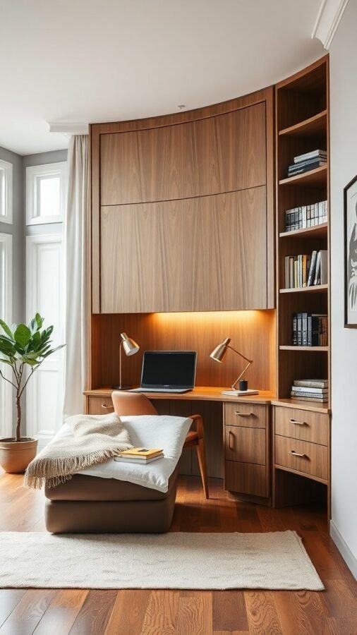 A chic home office featuring a wooden desk, shelves, and a potted plant, designed for compact spaces.